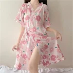 Peignoir longueur genou pour femme, robe de nuit, kimono japonais, bretelles florales, robe grande taille, vêtements de détente, 150kg, extra large, 3XL Peignoir longueur genou pour femme, robe de nuit, kimono japonais, bretelles florales, robe grande taille, vêtements de détente, 150kg, extra large, 3XL