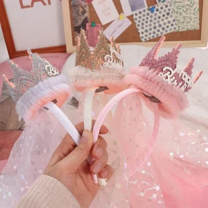 Style coréen couronne gaze bandeau cheveux accessoires chapeaux joyeux anniversaire bandeau Photo accessoires tête cerceau dentelle maille cheveux cerceau
