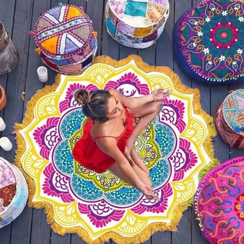 serviette de plage imprimée mandala indien avec pompon, tapisserie murale, cover up bikini en polymères de yoga, décoration d'intérieur serviette de plage imprimée mandala indien avec pompon, tapisserie murale, cover up bikini en polymères de yoga, décoration d'intérieur
