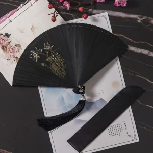 Éventail pliant classique japonais de Style chinois, noir, Portable, pour femmes, fait à la main, exquis, décoration de la maison Éventail pliant classique japonais de Style chinois, noir, Portable, pour femmes, fait à la main, exquis, décoration de la maison
