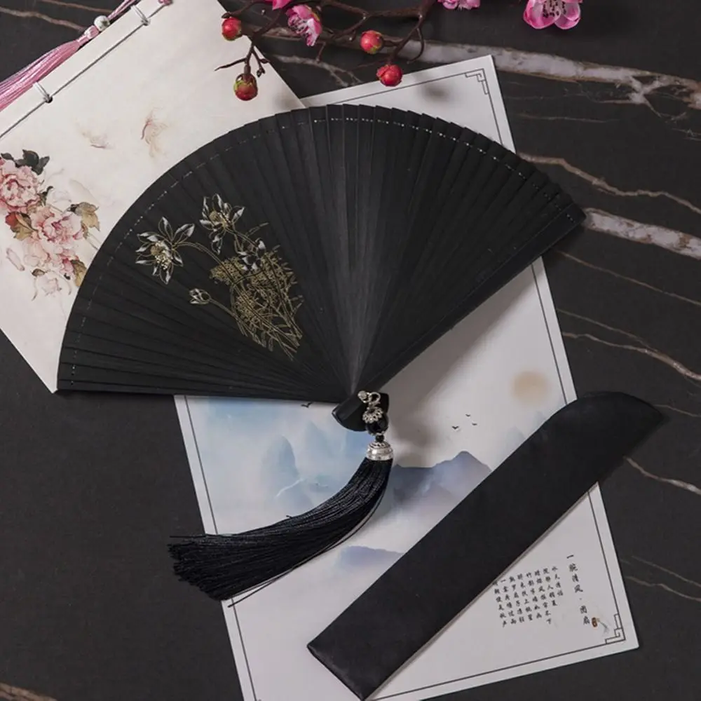 Éventail pliant classique japonais de Style chinois, noir, Portable, pour femmes, fait à la main, exquis, décoration de la maison Éventail pliant classique japonais de Style chinois, noir, Portable, pour femmes, fait à la main, exquis, décoration de la maison