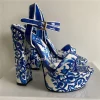 sandales à talons épais et plateforme haute pour femmes, lanière à la cheville, imprimé floral, chaussures d'été de luxe en cuir verni pour filles