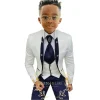 costumes formels blancs à fleurs pour garçons, tenue de mariage à col montant, tuxedos pour enfants, costume de fête 3 pièces (veste + gilet + pantalon)
