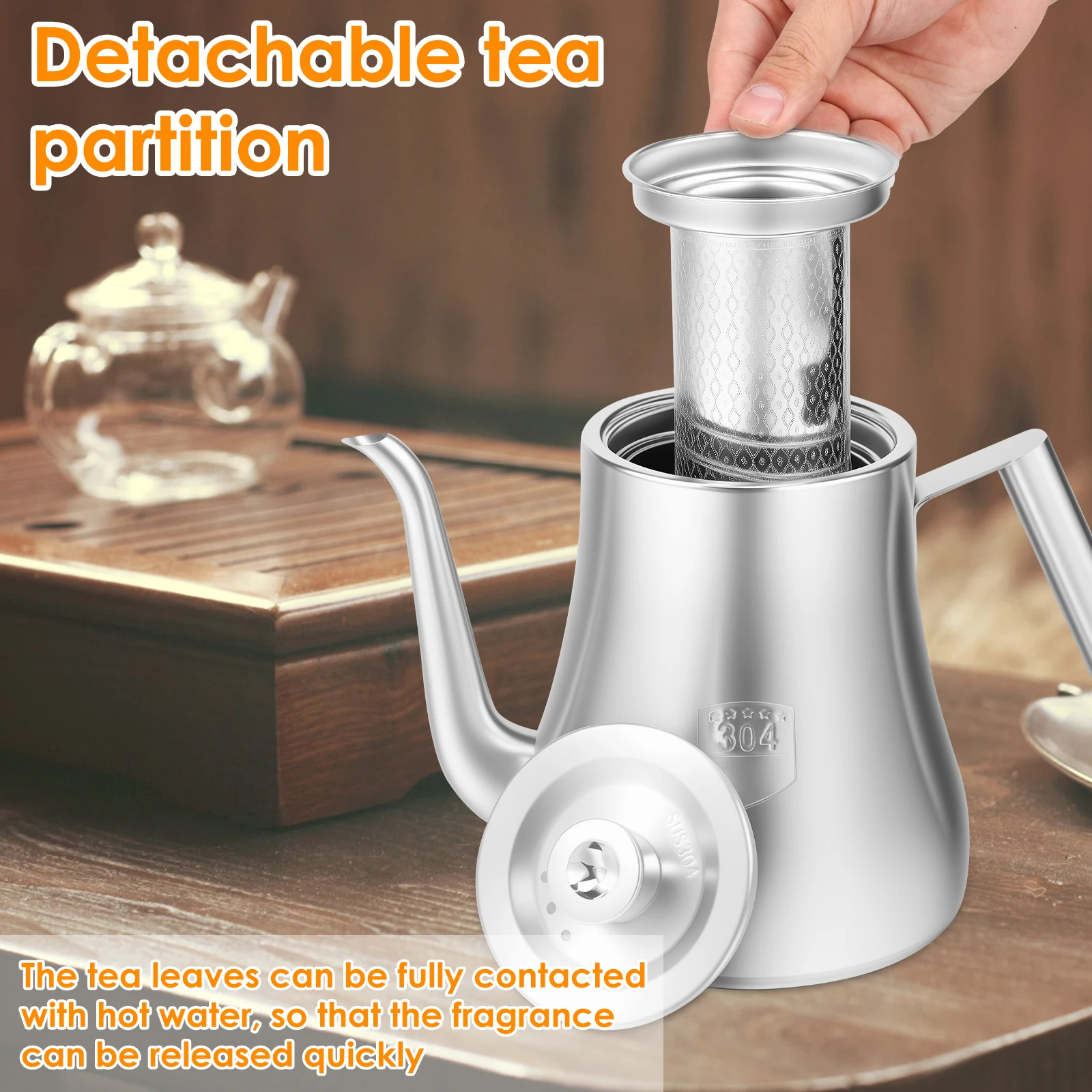 théière en acier inoxydable 2l avec infuseur amovible, bouilloire épaisse de grande capacité, service à thé, induction de gaz, camping à domicile théière en acier inoxydable 2l avec infuseur amovible, bouilloire épaisse de grande capacité, service à thé, induction de gaz, camping à domicile