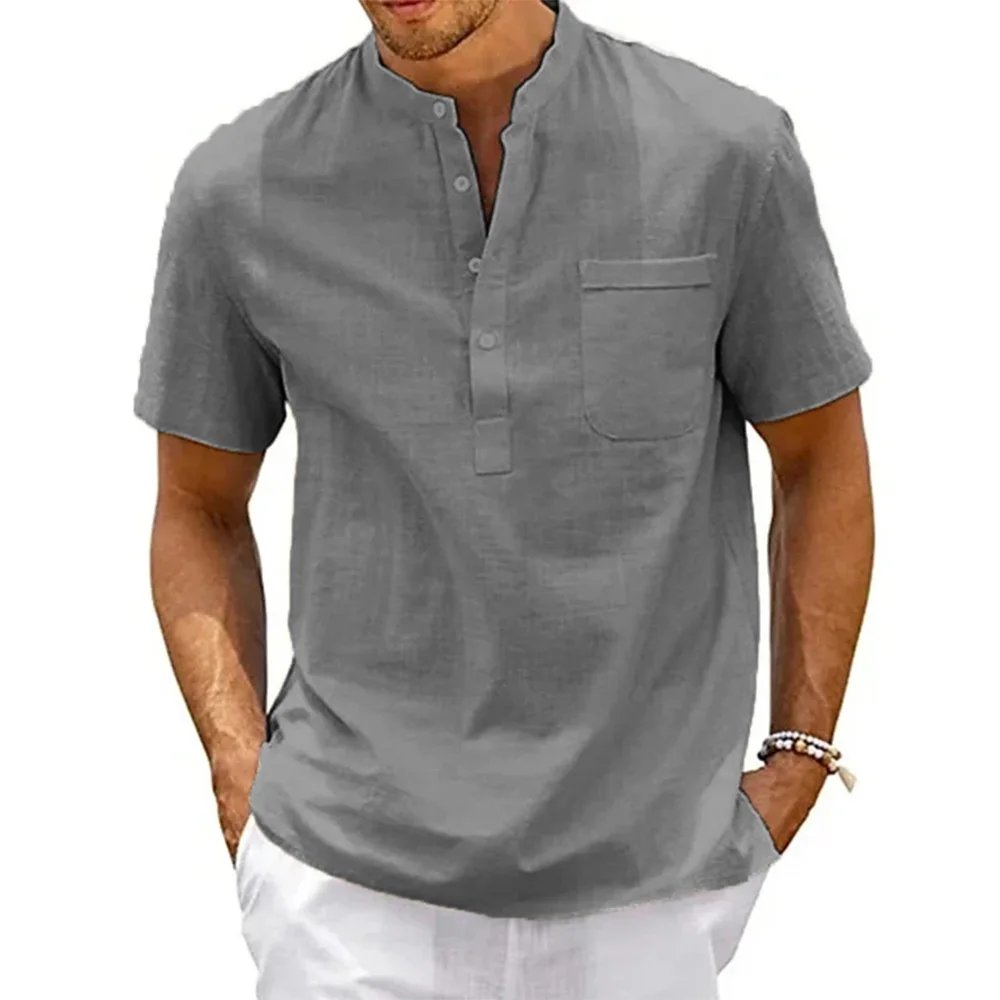 chemise en coton et lin pour hommes, col henley, poche, décontractée, plage, manches courtes, couleur unie, hauts t shirts, vintage, streetwear chemise en coton et lin pour hommes, col henley, poche, décontractée, plage, manches courtes, couleur unie, hauts t shirts, vintage, streetwear