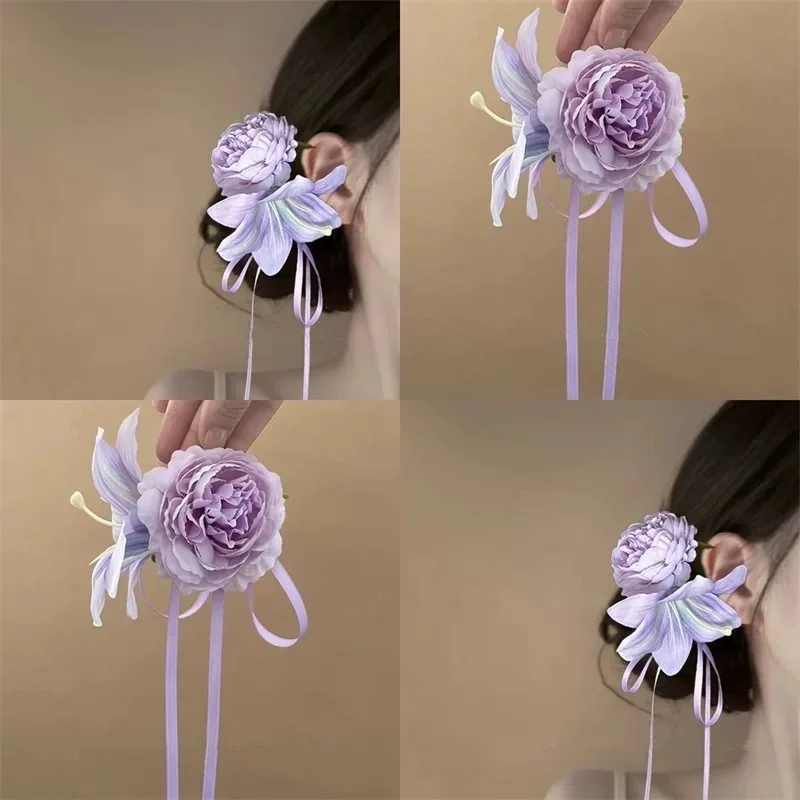 Pinces à cheveux à fleurs pour femmes, pâte de Taro douce, fleur de Super fée violette, longue ruban, épingle à cheveux, Style forêt douce, accessoire de tête mignon Pinces à cheveux à fleurs pour femmes, pâte de Taro douce, fleur de Super fée violette, longue ruban, épingle à cheveux, Style forêt douce, accessoire de tête mignon