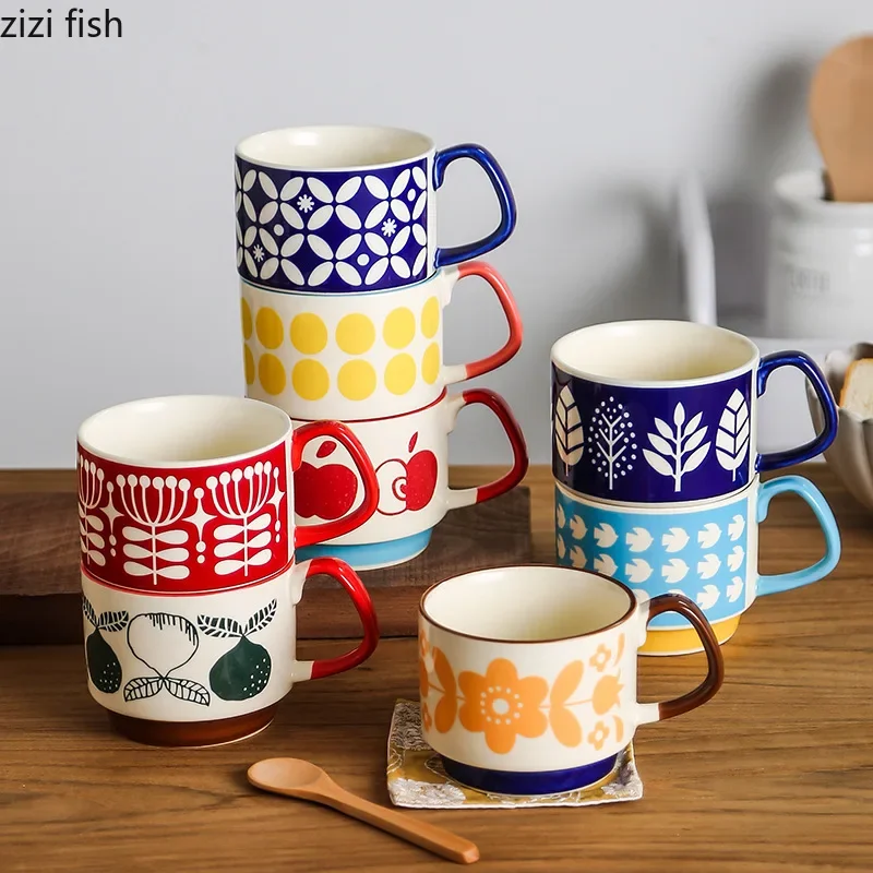 Tasse à café florale rétro de style japonais, tasse en céramique, lait, avoine, poignée créative, tasse à latte, thé, standardisation, maison, couple, eau, 300ml Tasse à café florale rétro de style japonais, tasse en céramique, lait, avoine, poignée créative, tasse à latte, thé, standardisation, maison, couple, eau, 300ml