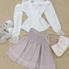 ensemble jupe japonaise douce kawaii pour femmes, chemise élégante à volants, épaules dénudées, nœud en dentelle + mini jupe esthétique y2k, ensemble 2 pièces lolita