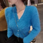 MohairKnitted Cardigan Col en V Crop Blanc Pull Rétro Décontracté Paresseux Surdimensionné S 	 Ueters pulls pour femmes veste de vêtements en fourrure solide