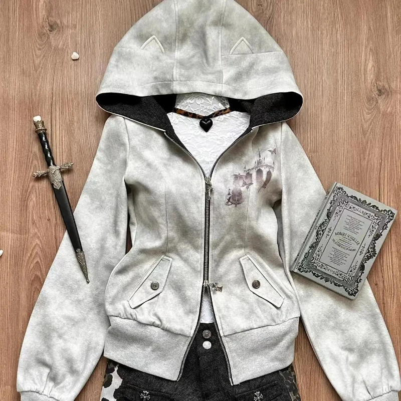 sweat à capuche gothique gris harajuku pour femmes, vintage américain y2k hottie, veste amincissante, sous culture d'automne, manteau cardigan à fermeture éclair, nouvelle collection sweat à capuche gothique gris harajuku pour femmes, vintage américain y2k hottie, veste amincissante, sous culture d'automne, manteau cardigan à fermeture éclair, nouvelle collection
