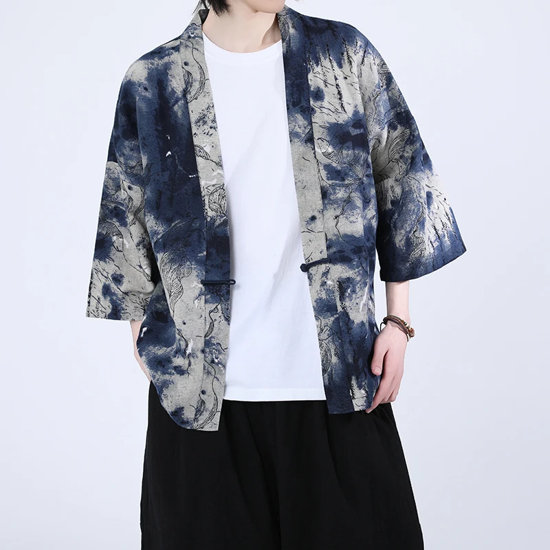 chemise kimono à manches courtes, nouveau modèle, haut ethnique avec boutons à nœud de style chinois, design ouvert sur le devant d'inspiration japonaise, léger chemise kimono à manches courtes, nouveau modèle, haut ethnique avec boutons à nœud de style chinois, design ouvert sur le devant d'inspiration japonaise, léger