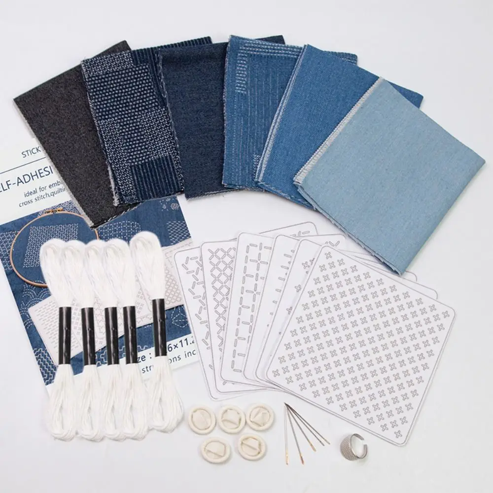 ensemble de broderie sashiko soluble dans l'eau pour débutant, tissu denim avec fil et aiguilles, kit de broderie à la main, portable et doux ensemble de broderie sashiko soluble dans l'eau pour débutant, tissu denim avec fil et aiguilles, kit de broderie à la main, portable et doux