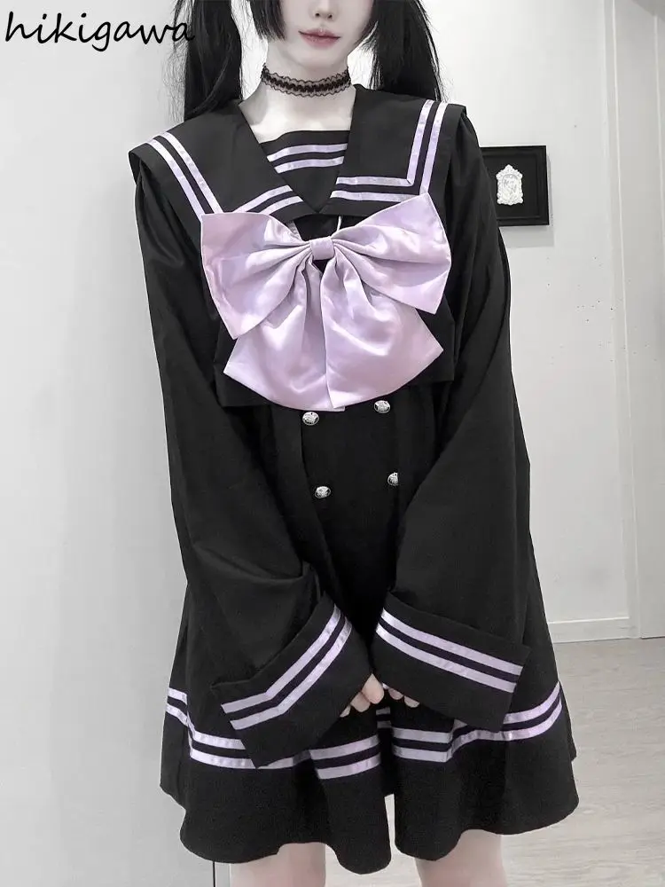 robes douces de style preppy pour femmes, robe japonaise, col marin, manches longues, nœud, ample, mignonne, 2025 robes douces de style preppy pour femmes, robe japonaise, col marin, manches longues, nœud, ample, mignonne, 2025