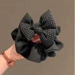 Bandeau à nœud à carreaux noir et gris, accessoire coréen haut de gamme pour cheveux, anneau intestinal pour femmes