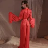 peignoir en satin soyeux de luxe pour femme, robe de mariée rouge avec plumes, kimono sexy, long peignoir, indispenslingerie