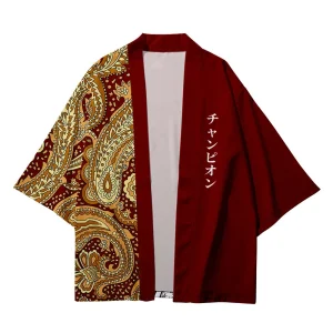 Cardigan Kimono Rouge pour Homme et Femme, Veste à Motif de Vague Japonaise Haori, Vêtements Traditionnels