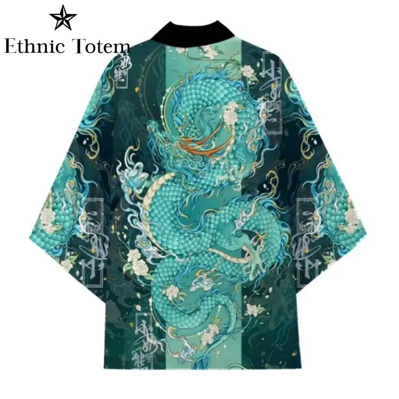 kimono dragon de style chinois avec motif imprimé vert, vêtements traditionnels japonais, vestes d'été décontractées, cardigan haori entremi kimono dragon de style chinois avec motif imprimé vert, vêtements traditionnels japonais, vestes d'été décontractées, cardigan haori entremi