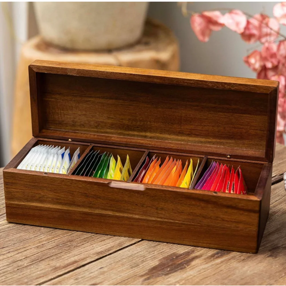 organisateur de sachets de thé en bois d'acacia, boîtes de rangement de sachets de thé à 4 ou 8 compartiments, coffre caddie en bois, conteneurs porte sachets de thé organisateur de sachets de thé en bois d'acacia, boîtes de rangement de sachets de thé à 4 ou 8 compartiments, coffre caddie en bois, conteneurs porte sachets de thé