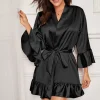 mode femmes solide kimono robe laçage cloche manches robe de bain soie satin courte robe de nuit femme mariage mariée demoiselle d'honneur sexy pei