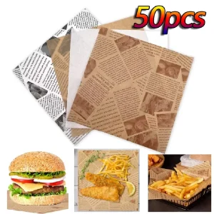 Papier d’emballage alimentaire résistant à l&rsquo;huile, 50 pièces, pour pâtisserie, Sandwich, Burger, frites, aliments frits, assiette en papier, tapis, accessoires