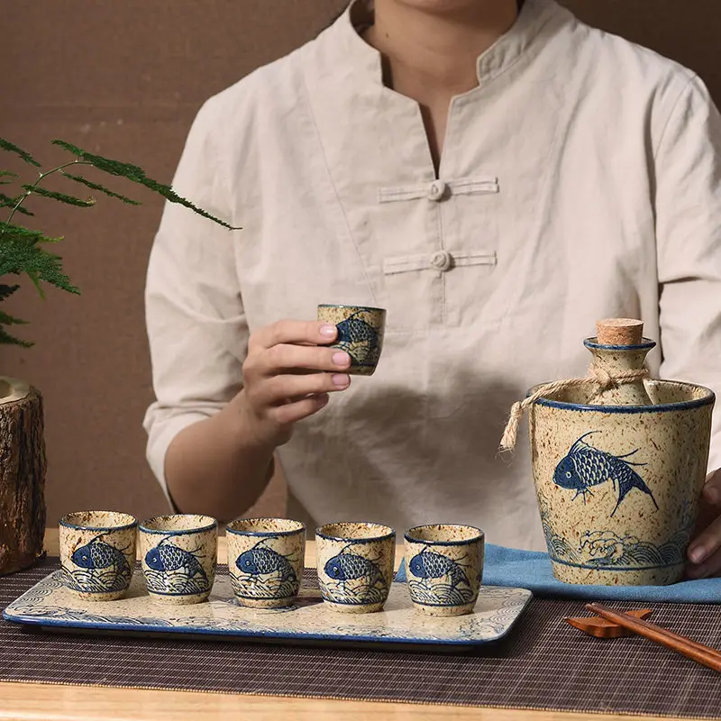 chauffe vin japonais, pot à saké, ensemble de tasses en céramique faites à la main, pot de distribution de vin antique, pot chaud vintage baijiu, tasse à spiritueux chauffe vin japonais, pot à saké, ensemble de tasses en céramique faites à la main, pot de distribution de vin antique, pot chaud vintage baijiu, tasse à spiritueux