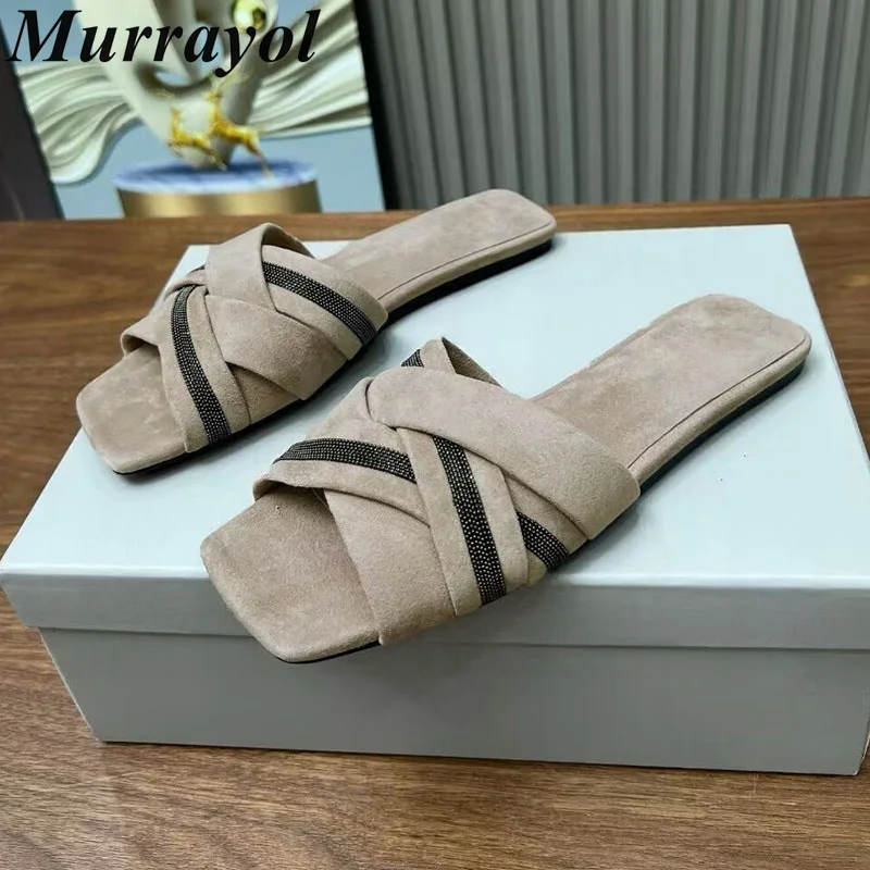 2025 fond plat bout carré pantoufles en cuir véritable chaîne perle décor paresseux sandales dames été loisirs de plein air vacances chaussures 2025 fond plat bout carré pantoufles en cuir véritable chaîne perle décor paresseux sandales dames été loisirs de plein air vacances chaussures
