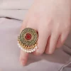 bague ronde en métal pour femme, grand paon indien rétro, perles de fleurs sculptées boho, bague pompon, bijoux de fête à la mode