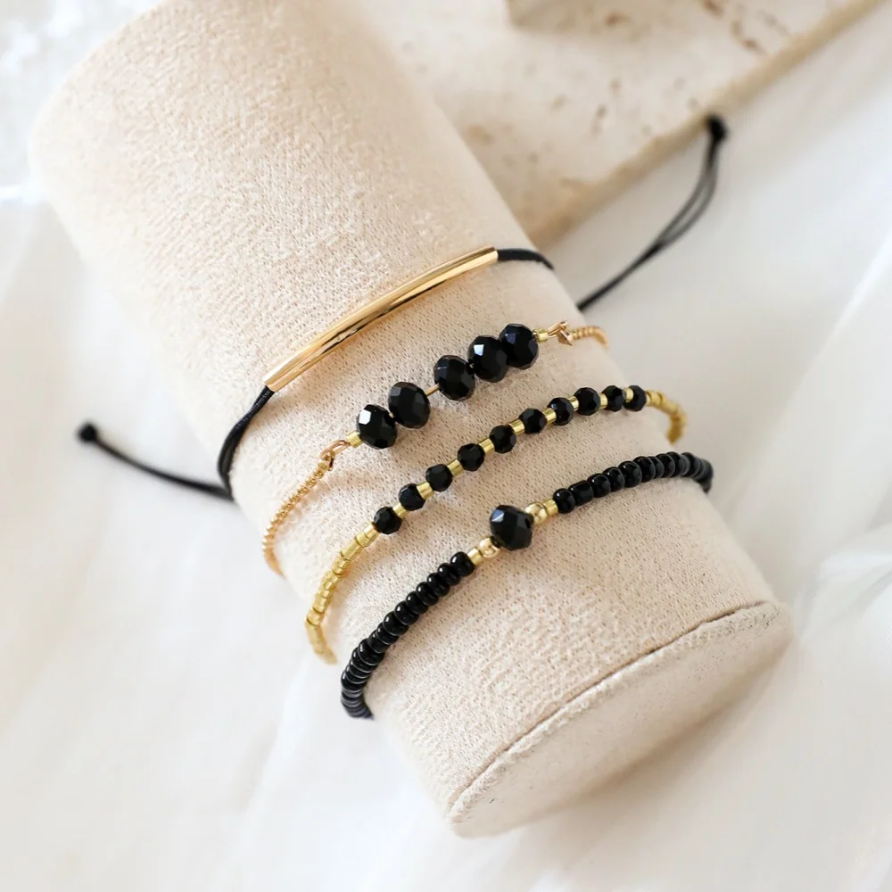 bracelets en pierre de verre noir pour femmes, accessoires de bijoux boho faits à la main, 4 pièces/ensemble bracelets en pierre de verre noir pour femmes, accessoires de bijoux boho faits à la main, 4 pièces/ensemble