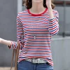 t shirt rayé en coton à manches longues pour femmes, haut décontracté à col rond, vêtements coréens, automne