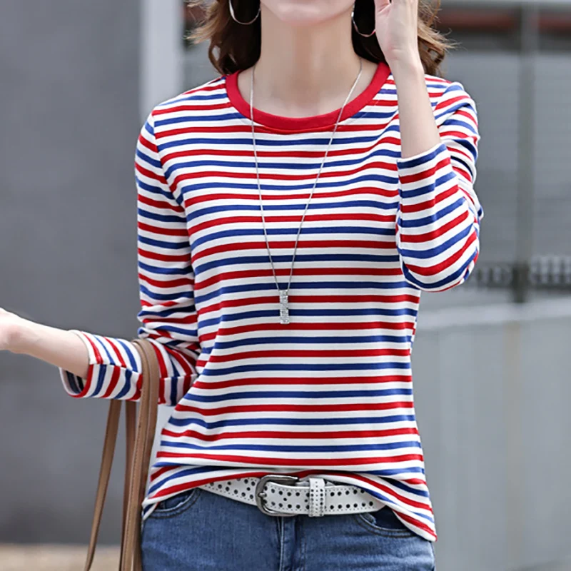 t shirt rayé en coton à manches longues pour femmes, haut décontracté à col rond, vêtements coréens, automne t shirt rayé en coton à manches longues pour femmes, haut décontracté à col rond, vêtements coréens, automne