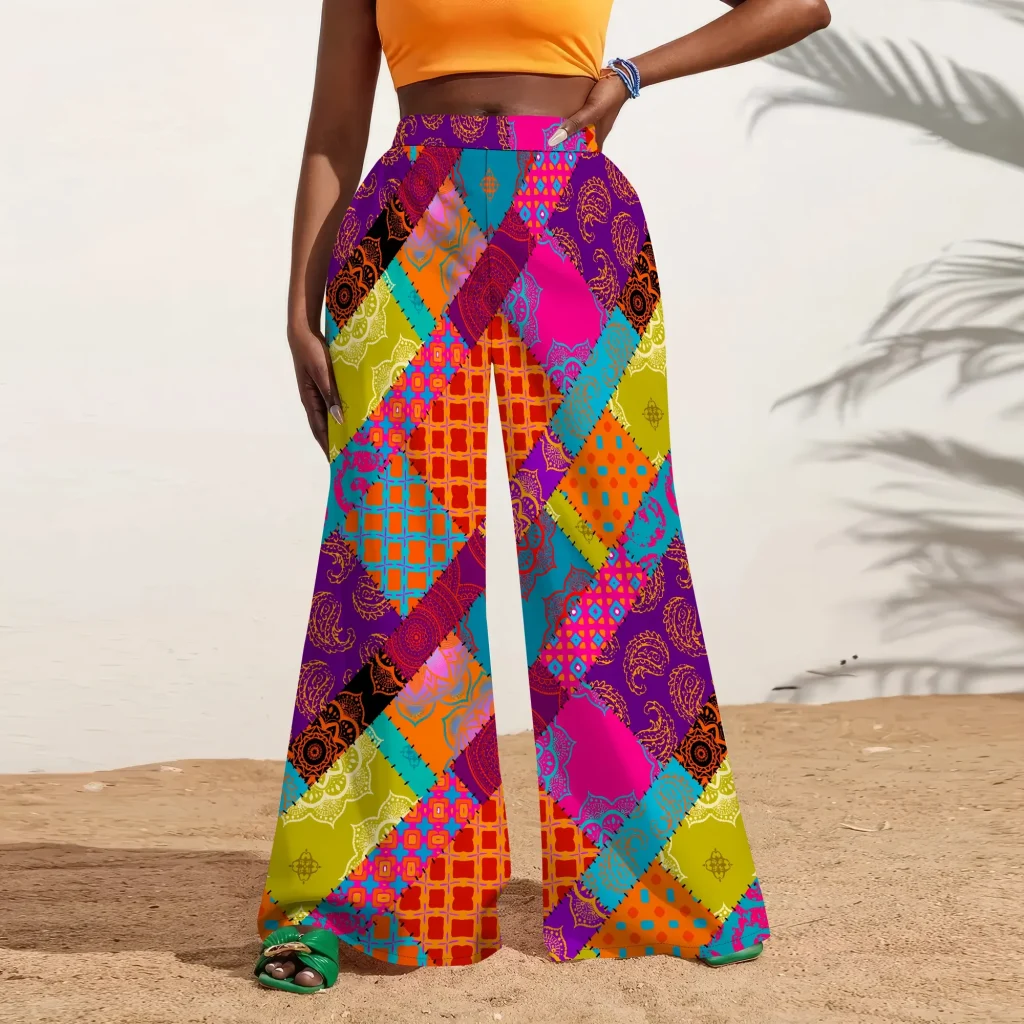 Pantalon taille haute à jambes larges imprimé feuilles bleues tropicales pour femmes, vêtements de plage de vacances