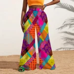 Pantalon taille haute à jambes larges imprimé feuilles bleues tropicales pour femmes, vêtements de plage de vacances Pantalon taille haute à jambes larges imprimé feuilles bleues tropicales pour femmes, vêtements de plage de vacances