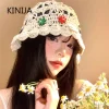 korean handmake bucket hat flower decoration knitted hollow basin hat women's summer thin breathable sunshade sun cap gorras