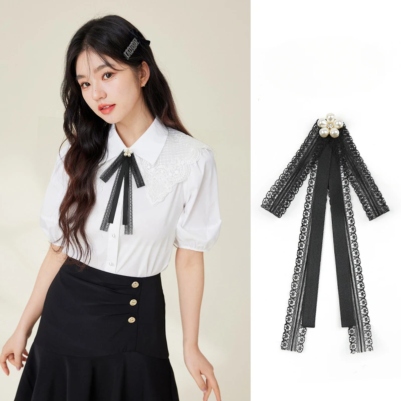 broche à nœud en biscuits avec ruban en dentelle noire pour femme, chemise élégante coréenne, accessoires de style collège britannique et japonais, nouveau broche à nœud en biscuits avec ruban en dentelle noire pour femme, chemise élégante coréenne, accessoires de style collège britannique et japonais, nouveau