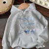 sweat à capuche imprimé de style frais avec nœud bleu créatif pour femmes, automne et hiver 2025, sweat à capuche à manches longues pour vêtements pour femmes