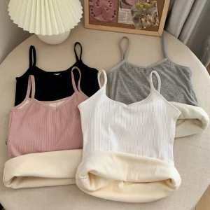 Femmes hiver sous-vêtements chauds couleur unie thermique décontracté vêtements de nuit Sexy élasticité femme mince velours T-shirt hauts sans manche