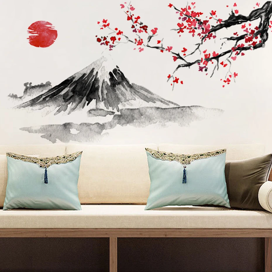 peinture à l'encre japonaise mont fuji soleil rouge fleur de cerisier autocollants muraux pour pvc imperméable salon décoration de la maison peinture à l'encre japonaise mont fuji soleil rouge fleur de cerisier autocollants muraux pour pvc imperméable salon décoration de la maison