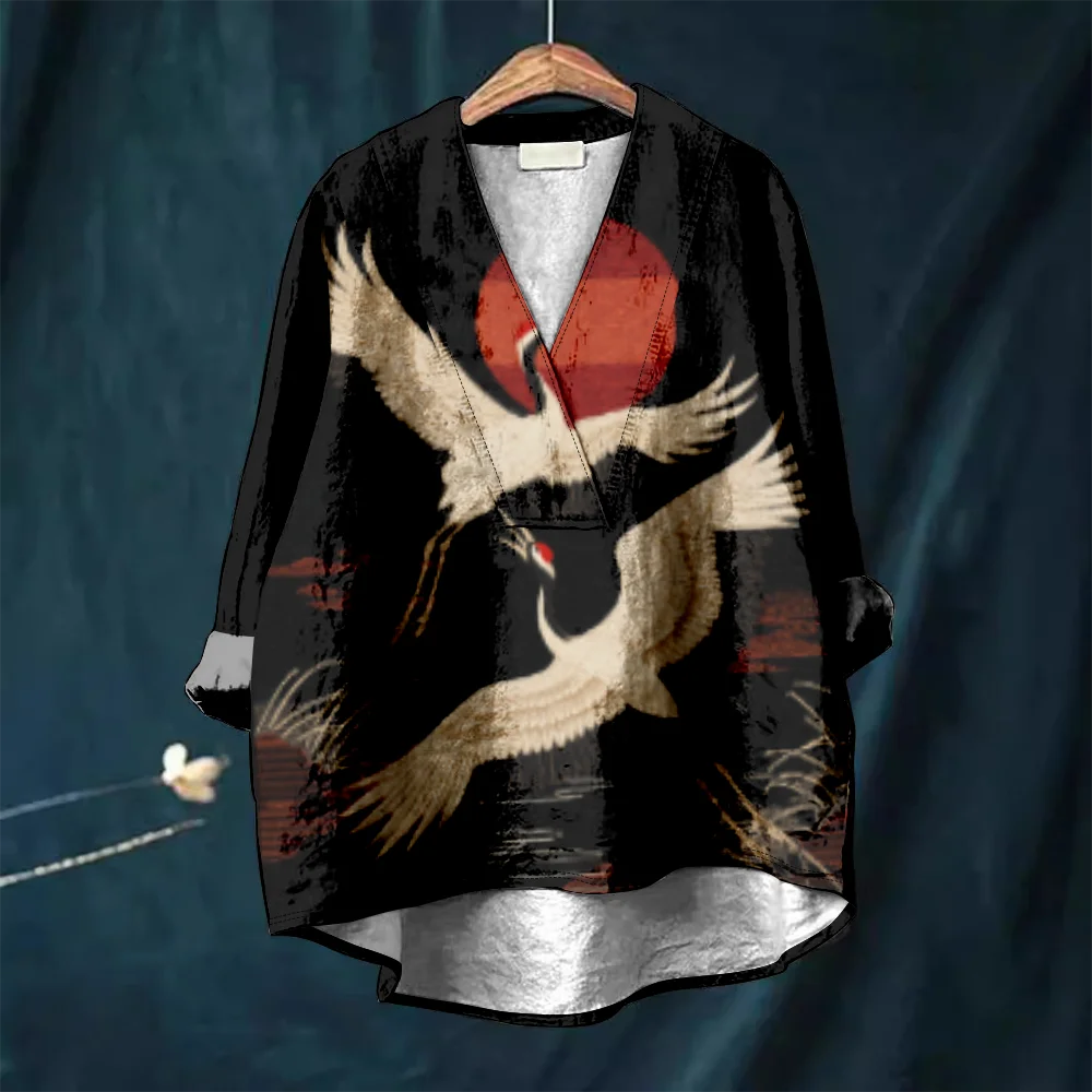 harajuku japonais grue imprimé femmes décontracté col en v chemise rétro floral kimono blouse hipster vintage chemises été confortable hauts harajuku japonais grue imprimé femmes décontracté col en v chemise rétro floral kimono blouse hipster vintage chemises été confortable hauts