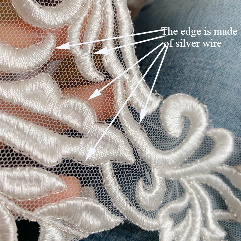 dentelle brodée blanche de riz de contour de fil d'argent de modèle européen, matériaux de patch de robe de mariage de bricolage, combinaison d'ab, nouveau, 2024 dentelle brodée blanche de riz de contour de fil d'argent de modèle européen, matériaux de patch de robe de mariage de bricolage, combinaison d'ab, nouveau, 2024
