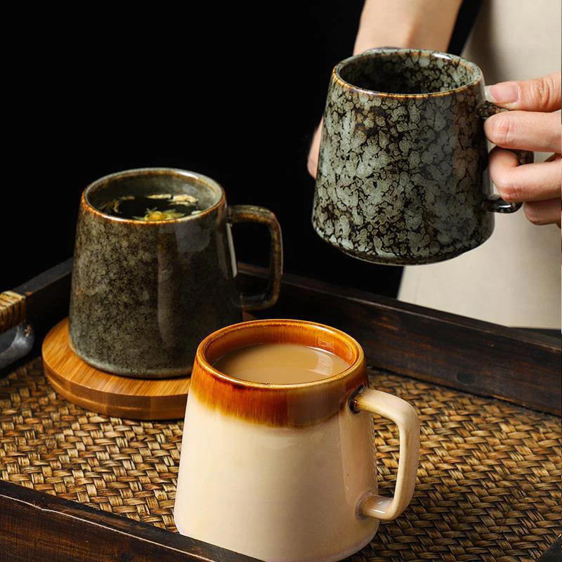 Tasse en céramique vintage japonaise, tasse haute capacité, poignée de bureau à domicile pour couple, tasses à café et à thé, couleur sous glaçure, 350ml Tasse en céramique vintage japonaise, tasse haute capacité, poignée de bureau à domicile pour couple, tasses à café et à thé, couleur sous glaçure, 350ml