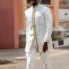 caftan blanc costume pour hommes broderie haut à fleurs pantalon kaunda costume tenues décontractées africaines porter traditionnel 2 pièces ensemble smoking de mariage