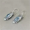 boucles d'oreilles vintage en métal couleur argent, hibou sculpté, rondeur d'originalité incrustée, pierre bleue de mer