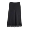 jupe longue en satin pour femmes, simple, ourlet en dentelle, décoration, taille élastique, mi longue, élégante, chic, vêtements, nouvelle collection automne 2025