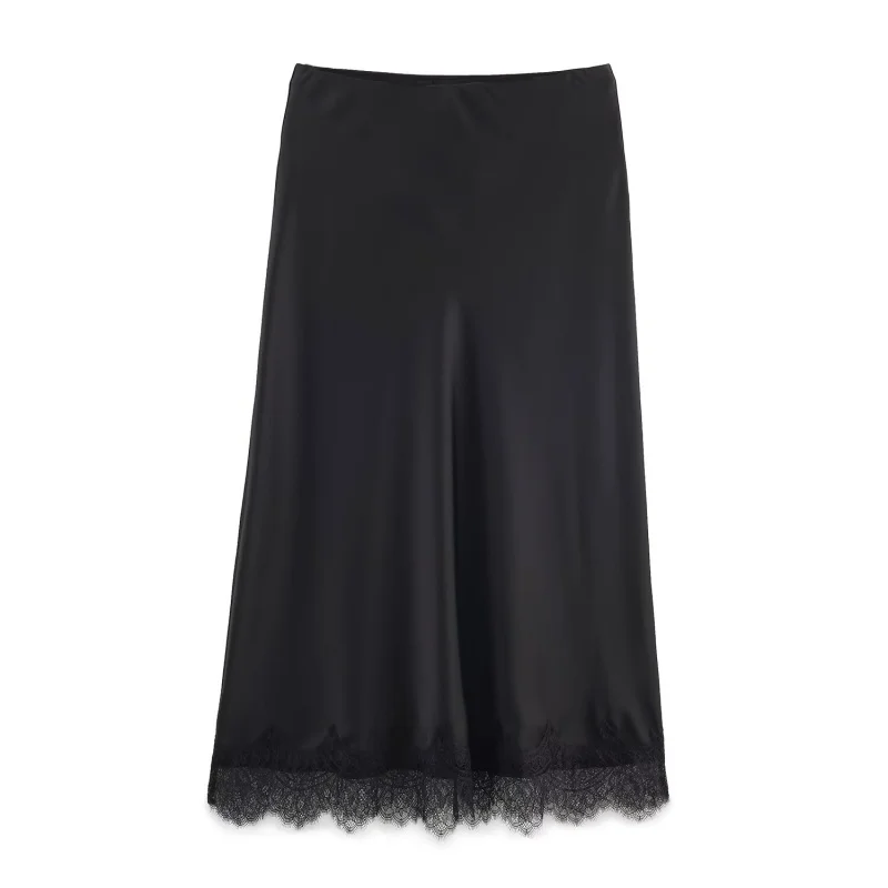 jupe longue en satin pour femmes, simple, ourlet en dentelle, décoration, taille élastique, mi longue, élégante, chic, vêtements, nouvelle collection automne 2025 jupe longue en satin pour femmes, simple, ourlet en dentelle, décoration, taille élastique, mi longue, élégante, chic, vêtements, nouvelle collection automne 2025