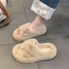 belles diapositives homewear pantoufles bout ouvert anti dérapant plat en peluche pantoufles chaussures couleur unie pantoufles femmes hiver
