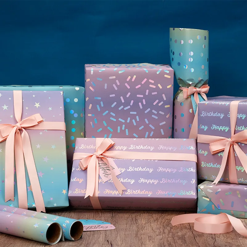 ensemble de rouleaux de papier d'emballage holographique, emballage cadeau en feuille arc en ciel brillant irisé avec points, confettis et lettrage joyeux anniversaire ensemble de rouleaux de papier d'emballage holographique, emballage cadeau en feuille arc en ciel brillant irisé avec points, confettis et lettrage joyeux anniversaire