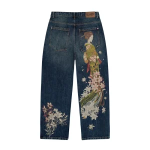 Kimono japonais pour filles, broderie florale, Design artistique Vintage, taille haute, jambes larges, jean Y2K pour hommes et femmes, mode décontractée, Streetwear Kimono japonais pour filles, broderie florale, Design artistique Vintage, taille haute, jambes larges, jean Y2K pour hommes et femmes, mode décontractée, Streetwear