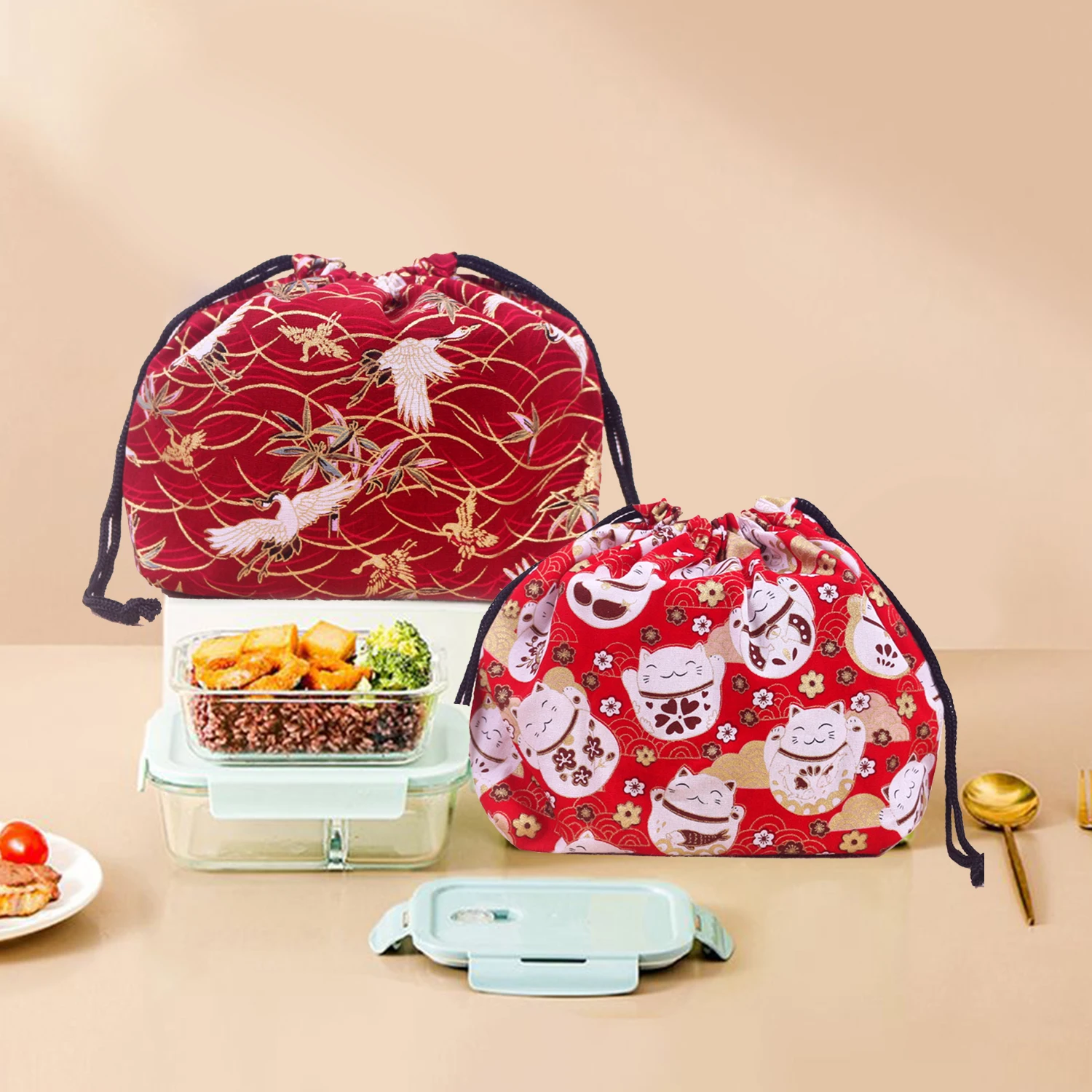 boîte à déjeuner à cordon imprimé chat japonais, sac de rangement pour voyage pique nique portable facile à laver bento boîte à déjeuner fourre tout boîte à déjeuner à cordon imprimé chat japonais, sac de rangement pour voyage pique nique portable facile à laver bento boîte à déjeuner fourre tout