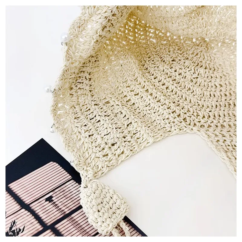 chapeau tricoté avec pendentif en perles coréennes pour femmes, chapeau fin et creux, tresse à franges, à lacets, grande tête, pull au crochet, printemps et été chapeau tricoté avec pendentif en perles coréennes pour femmes, chapeau fin et creux, tresse à franges, à lacets, grande tête, pull au crochet, printemps et été
