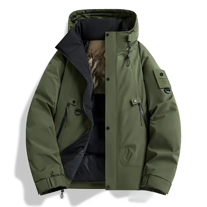 veste d'hiver harajuku pour hommes, manteau en coton épais à capuche, imperméable, bande magique, badge de bras, chaud, multi poches, style à la mode veste d'hiver harajuku pour hommes, manteau en coton épais à capuche, imperméable, bande magique, badge de bras, chaud, multi poches, style à la mode